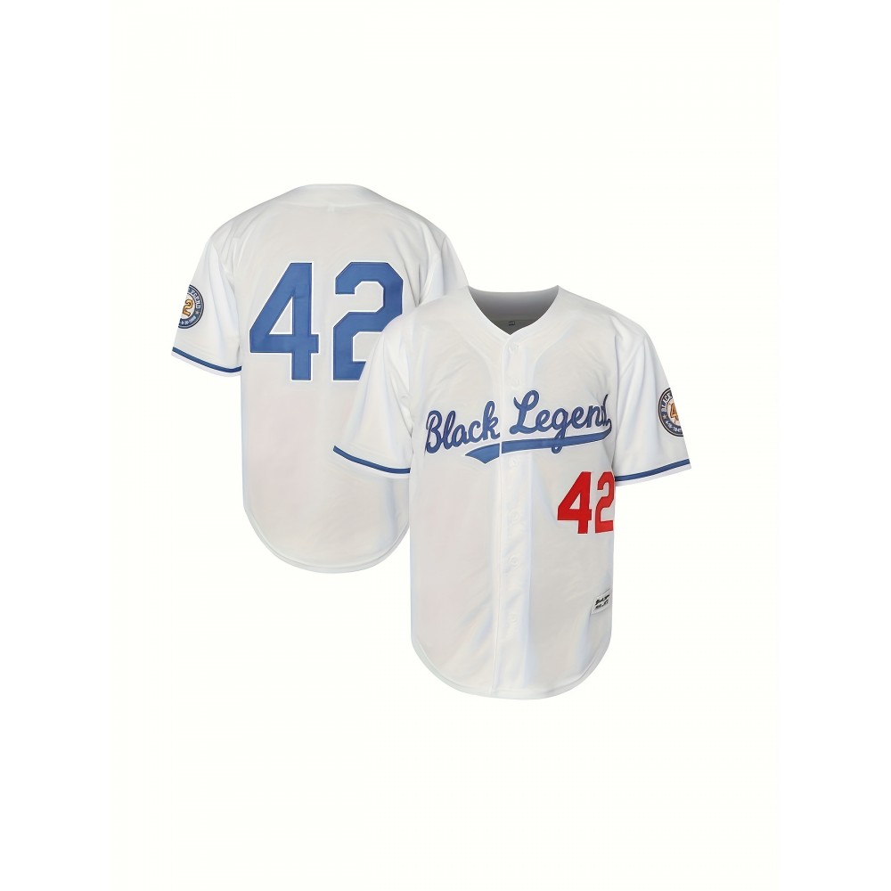 Men'S Black Legend 42 Embroidery Design Short Sleeve V-neck Loose Button Up Shirt, Men'S Retro Summer Baseball Jersey
