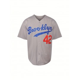 Men'S Retro Letter #42 Embroidery Design Short Sleeve V-neck Loose Button Up Shirt, Men'S Summer Baseball Jersey