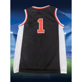Men'S # 1 Black Basketball Sportswear, 100% Polyester Basketball Training Sleeveless Top, Micro Elastic Round Neck Top - Versatile For All Seasons, Sizes S-XXXL