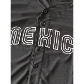 Men'S V-neck Baseball Jersey With Double Needle, Black, 7 Embroidered Letters, Polyester Knit Fabric Buttons
