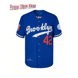 Men'S Baseball Jersey # 42 Blue Breathable V-neck Baseball Sports Shirt S-3XL