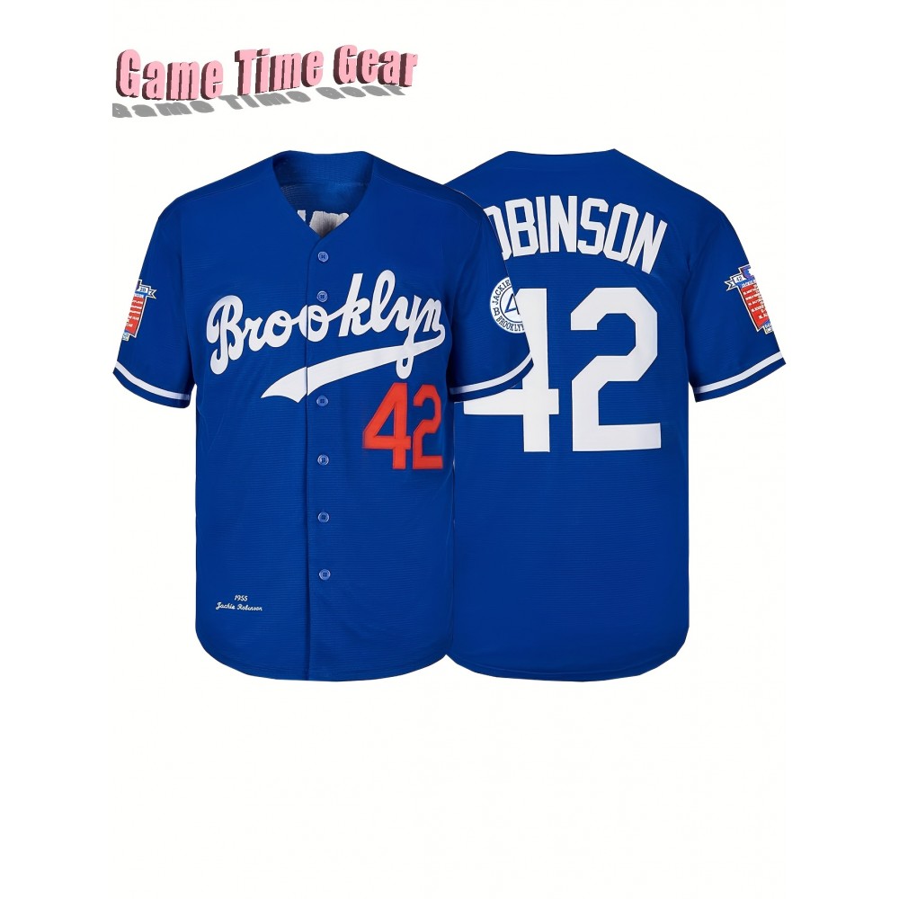 Men'S Baseball Jersey # 42 Blue Breathable V-neck Baseball Sports Shirt S-3XL