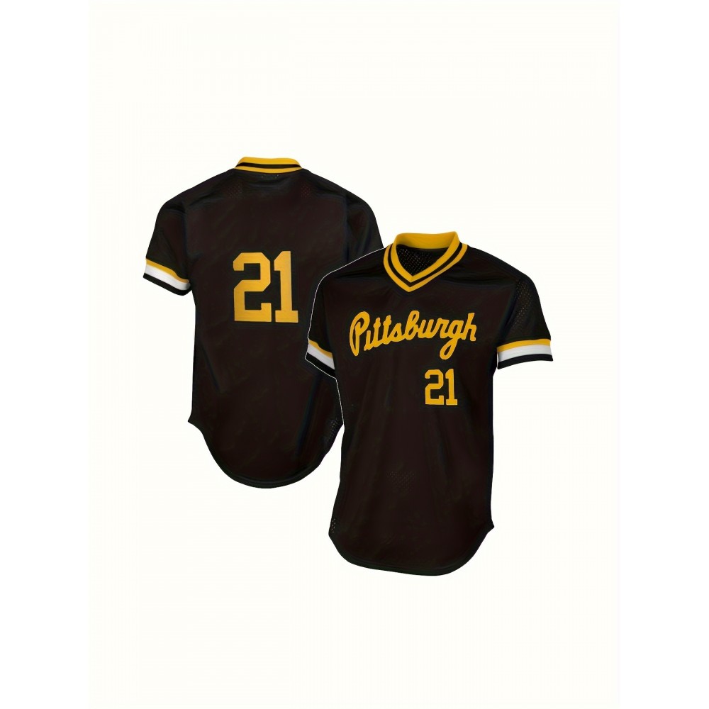 Men's Pittsburgh #21 Baseball Jersey - Black & Yellow V-Neck Pullover with Striped Sleeves, All-Season Machine Washable Sportswear for Team Sports, Halloween & Christmas, Baseball Shirt, Outdoor Activity Apparel, Sporty Vneck Style, Durable Sportswear