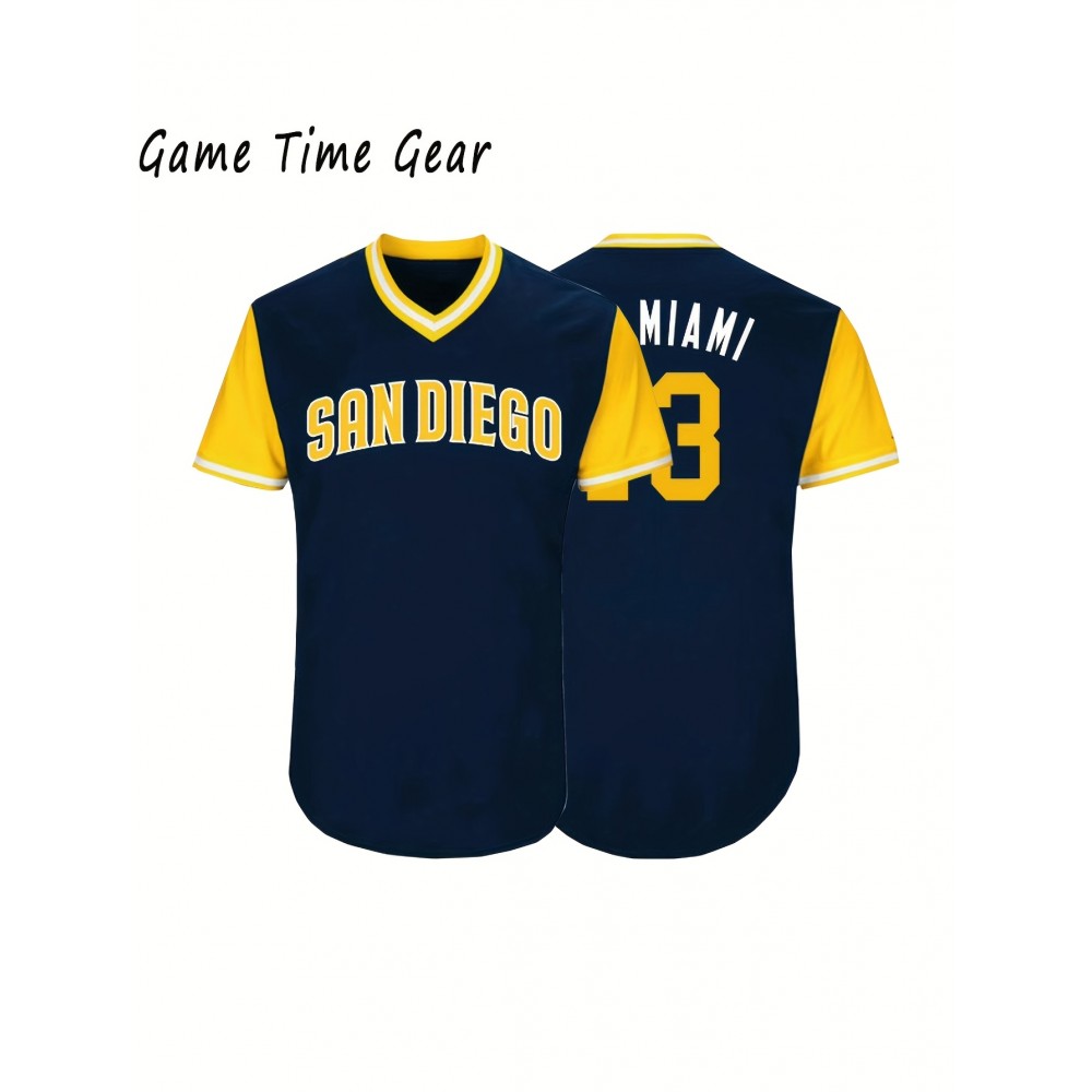 Men's Baseball Sweatshirt #13 Deep Blue V-Neck Polyester Letter Graphic Pullover, Loose Fit for Casual, Team Sports, Outdoor, and Casual Attire, Sizes S-3XL