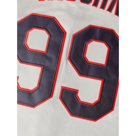 1pc Cleveland Sports Men's Baseball Jersey - V-Neck Loose Fit Polyester Knit Top with VAUGHN 99 Design, Red & Blue Accents, All-Season Casual & Festive Wear for Baseball, Parties, Outdoor Activities, Sports Apparel, Sporty Vneck Style, Detailing