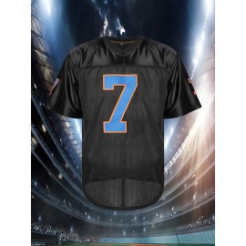 Men's #7 NYC Rugby Jersey - Breathable & Comfortable V-Neck Sports Shirt for Training, Casual Wear & Outdoor Activities, Sizes S-3XL, Black with Orange & Blue Accents