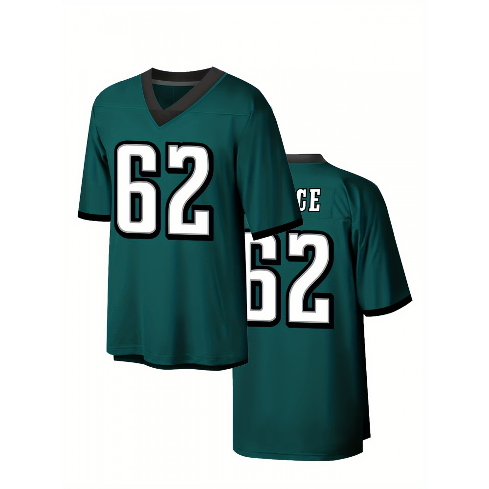 Men's Green #62 Embroidered Rugby Shirt - Breathable Polyester V-Neck Short Sleeve, Loose Fit Athletic Top for Training, Running & Outdoor Activities - All-Season Casual Wear for Adults & Teens, Sports Training Gear, Durable Sportswear