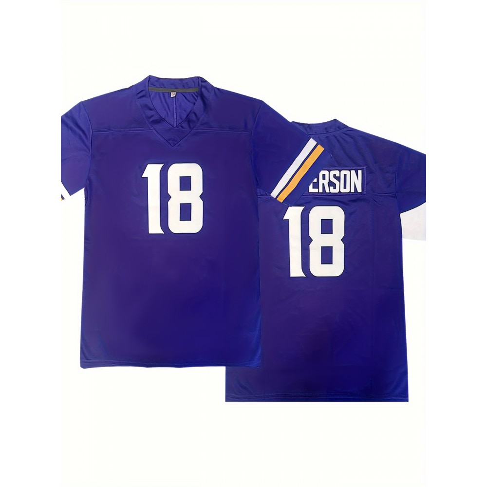 Polyester #18 Sports Jersey for Men - V-Neck, Embroidered, Slight Stretch Knit Fabric, All Seasons Casual & Outdoor Athletic Top for Running, Training, Hiking - Loose Fit Adult & Teen Shirt