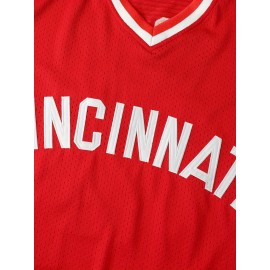 Men's Baseball Jersey #14 with Embroidered Lettering & Number - Red V-Neck Stretch Polyester, Regular Fit All-Season Sportswear for Team Sports, Game Day & Outdoor Activities