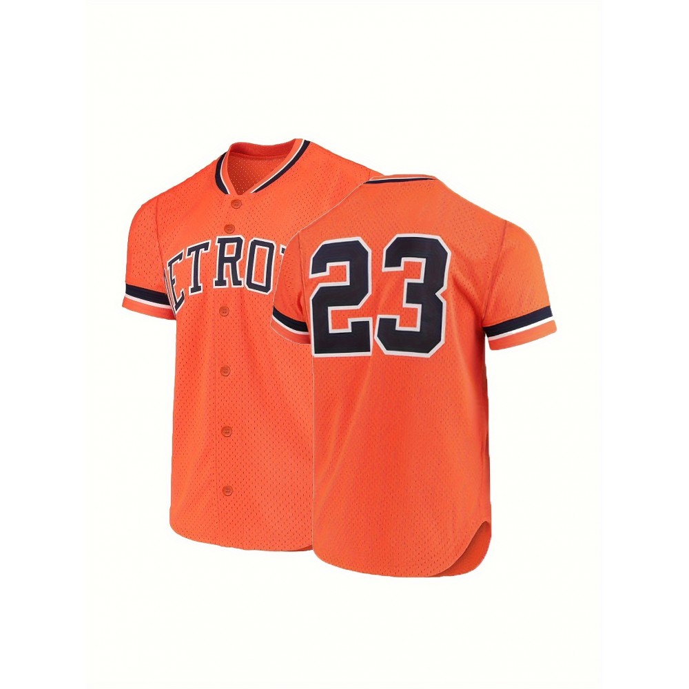 Letter And Number 23 Embroidery, Men'S Short Sleeve V-neck Baseball Jersey, Comfy Top For Training And Competition