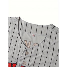 Retro Style Men's Baseball Jersey with Stripes, Breathable Polyester Button-Up Uniform with Embroidered 34 Number, Short Sleeve V-Neck Sports Top for Training, Parties, And Casual Wear