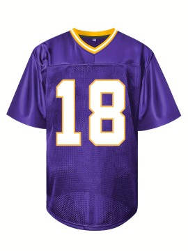 Men's #18 Purple American Football Jersey - Embroidered Lettering & Number, V-Neck Loose Fit, Polyester Retro Sportswear for Games, Training, Casual Wear | All-Season Comfort, Machine Washable, Training Apparel, Durable Sportswear, Embroidered Detailing