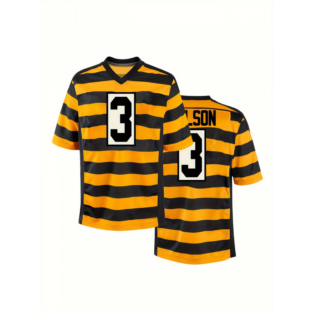 Men'S Polyester #3 Athletic Jersey - V-Neck Short Sleeve Rugby Shirt, Embroidered Striped Sportswear for Running, Training, Hiking, Outdoor Activities - Universal Fit for Adults & Teens