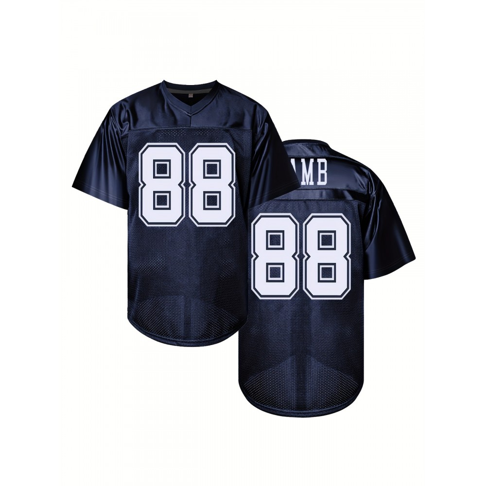 Men's Deep Blue #88 Embroidered Rugby Shirt - Breathable Polyester V-Neck Jersey, Loose Fit Stretch Knit for All-Season Training, Casual & Outdoor Activities - Machine Washable for Adults & Teens, Sports Training Gear, Durable Sports Apparel