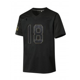 Men'S #18 Embroidered Rugby Jersey - Breathable V-Neck Short Sleeve Sports Shirt, Black with Golden & White Stripes, Classic American Football Training Uniform for All Seasons, Football Jersey