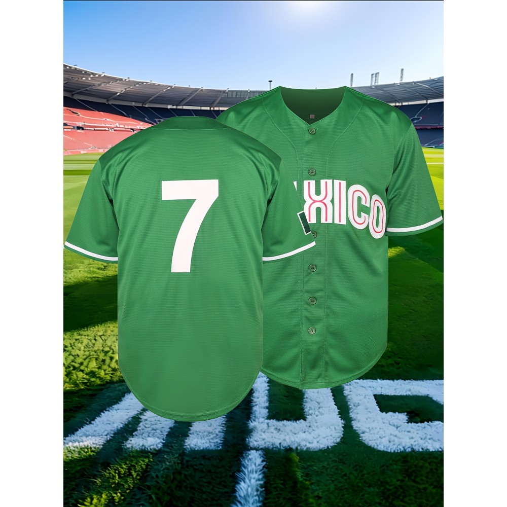 Men's V-Neck Baseball Jersey with Embroidered Green 