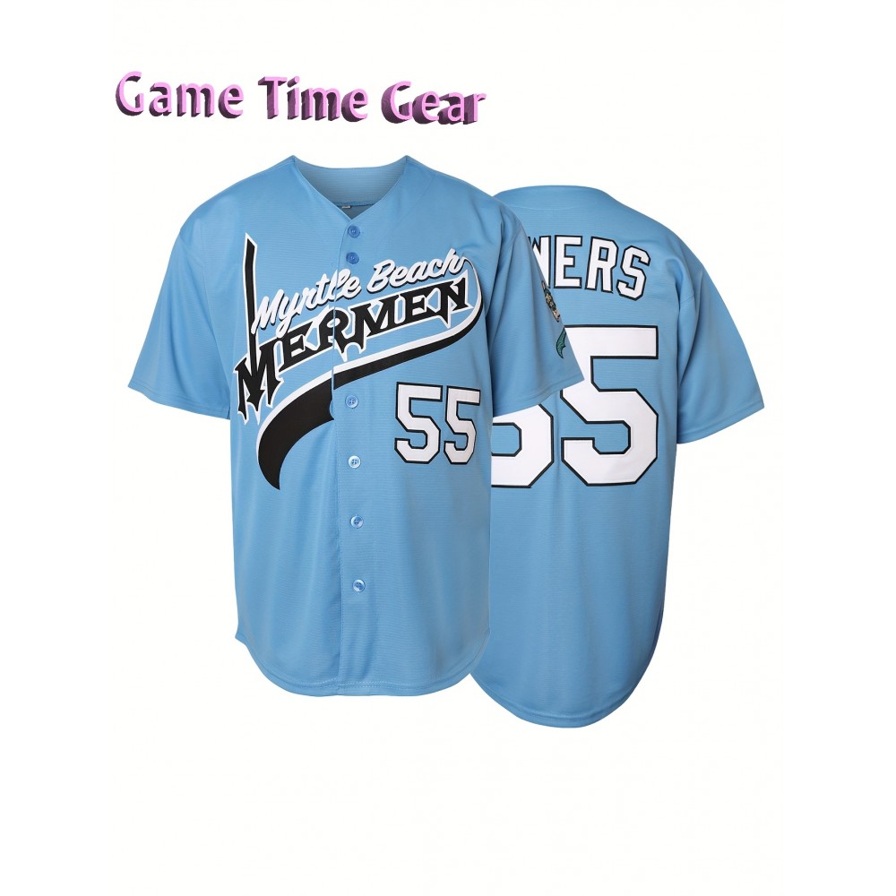 Men'S #55 Embroidered V-Neck Baseball Shirt, Polyester Knit Fabric, Loose Fit, Button Closure, Casual Sports Top for Team Sports, Fishing, Hiking, Running, Cycling - Perfect for Parties, Beach, Summer Events - Sizes S-XXXL