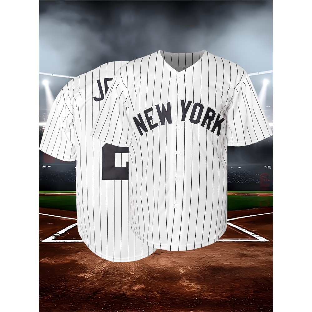 Men'S Black And White Striped # 2 Baseball Shirt With Classic Letter Embroidery Design, Breathable Button Style Short Sleeved Shirt Suitable For Training And Competition S-3XL